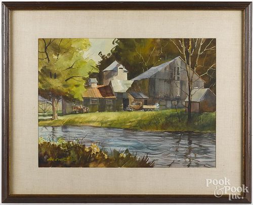 Lee Everett (American 20th/21st c.), watercolor landscape with a farm, signed lower left, 16'' x 22''.