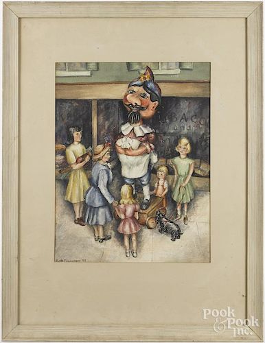 Ruth Freyberger (American, b. 1912), watercolor, titled Cigar Store Figure ''Pompey'', signed