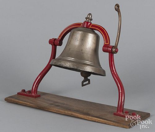 Brass fire engine bell, 19th c., 9 1/2'' dia., mounted on a cast iron bracket, 16'' h., 23'' w.