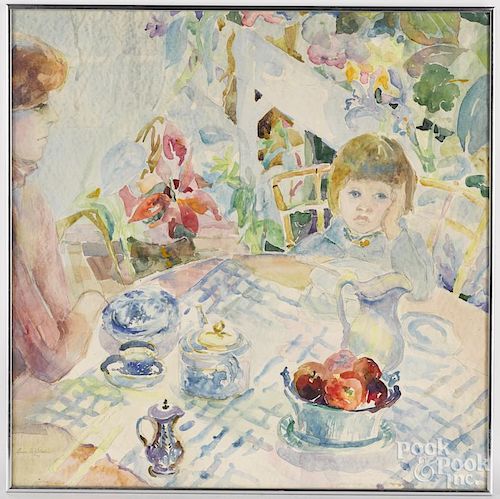 Laura Wilhelm (American 20th c.), watercolor of a tea party, signed lower left and dated '77
