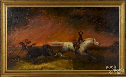 Oil on canvas western landscape with an Indian and a frontiersman, 19th c., 24'' x 42''.