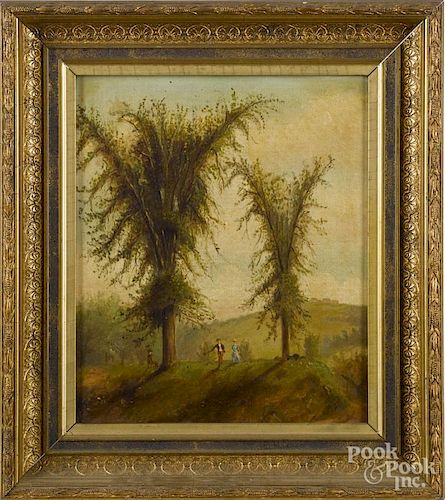 American oil on canvas, 19th c., of figures playing croquet, 14 1/2'' x 12''.