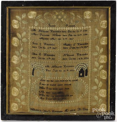 Massachusetts silk on linen family record, wrought by Olive Hutchinson 1824, 18'' x 17''.