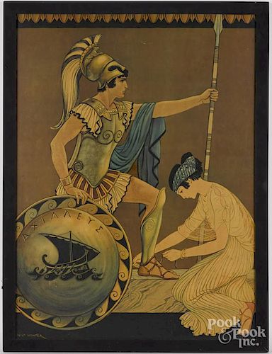 After Milo Winter, illustration lithograph of Grecian warrior and lady, 20th c., 32'' x 22 1/2''.