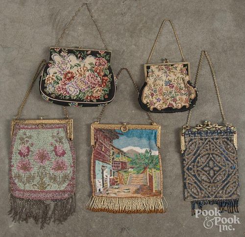 Three beaded purses, ca. 1900, together with two petti point purses, largest - 11 1/2''.