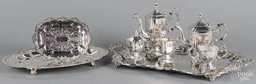 Silver-plated tea service, ca. 1900, tallest - 11'', together with three silver-plated trays