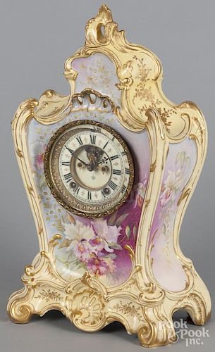 Large Ansonia porcelain mantel clock, ca. 1900, with open escapement, 17 3/4'' h.