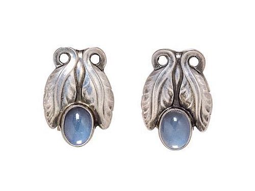 A Pair of Sterling Silver and Moonstone "Moonlight Blossom" Earclips, Georg Jensen, 5.10 dwts.