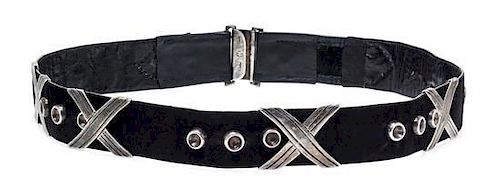A Silver and Suede "Georgia O'Keefe" Belt, Hector Aguilar, 85.40 dwts. (including suede belt)
