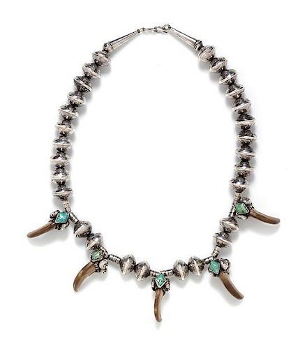 * A Mercury Head Coin, Silver, Turquoise, and Bear Claw Necklace, Native American, 121.10 dwts.