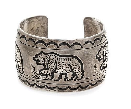 * A Sterling Silver Overlay Bear Motif Cuff Bracelet, Hopi, 29.40 dwts.