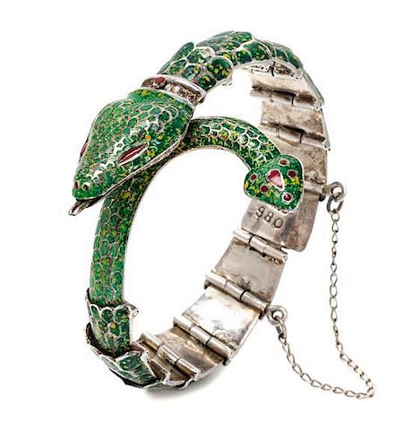 A Silver and Polychrome Enamel Snake Bracelet, 28.50 dwts.