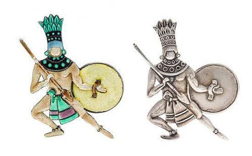 A Pair of Sterling Silver and Polychrome Enamel Warrior Pendants, Margot de Taxco, 19.00 dwts.