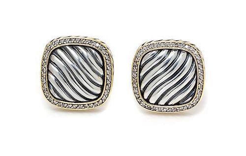 A Pair of Sterling Silver, 18 Karat Yellow Gold and Diamond "Thoroughbred" Earclips, David Yurman, 14.90 dwts.