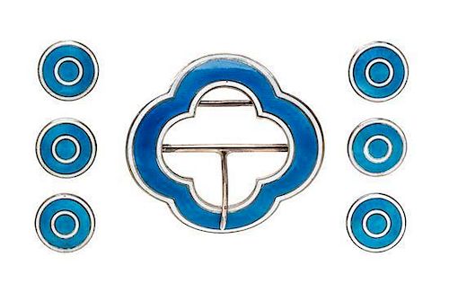 * A Sterling Silver and Polychrome Enamel Buckle Motif Brooch and Button Set, Levi & Salaman, Circa 1904, 28.70 dwts.