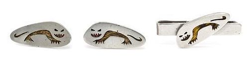 A Silver and Feather Pluma Azteca Animal Motif Cufflink and Tie Clip Set, Los Castillo, 27.00 dwts.