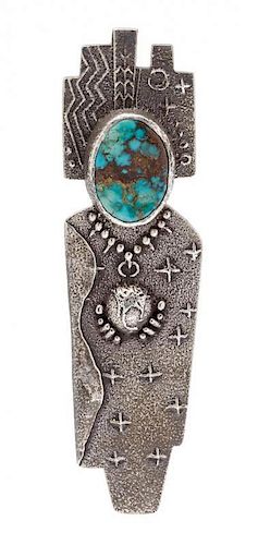 * A Tufa Cast Sterling Silver and Turquoise Pendant/Brooch, Anthony Lovato, Santo Domingo Pueblo, Circa 1996, 39.60 dwts.