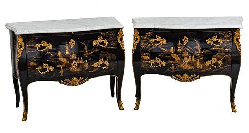 Chinoiserie Black Lacquered Marble Top Bombe Commodes, H 32'' W 42'' Depth 19.5'' 1 Pair