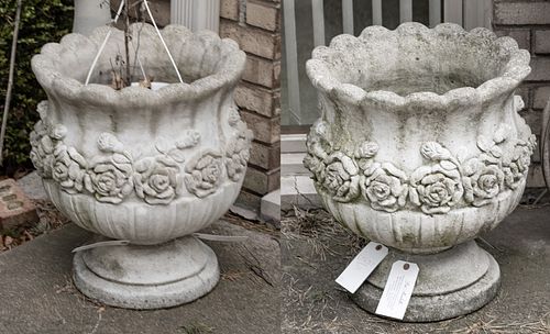 Cement Planters With Rose Pattern Pair H 20'' Dia. 18''
