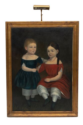 American Primitive Oil On Canvas, 19Th C., H 43", W 32", Double Portrait, Two Children