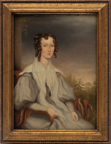 American School Oil On Board, Portrait Of A Lady With Curls Wearing A Long Scarf 19Th C., H 11 1/2", W 8 1/2"