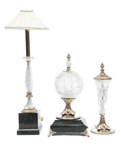 Maitland-Smith (British) Crystal And Silvered Metal Lamp & Mantel Ornaments, H 27'' W 5.5'' Depth 5.5'' 3 pcs