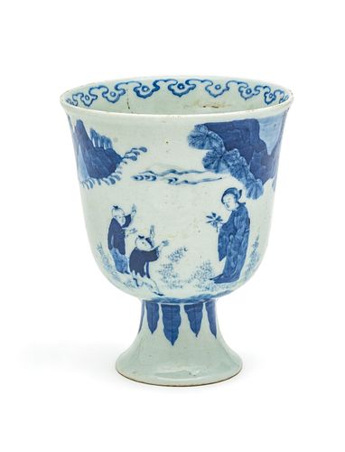 Chinese Blue & White Porcelain Stem Cup, H 5'' Dia. 4''