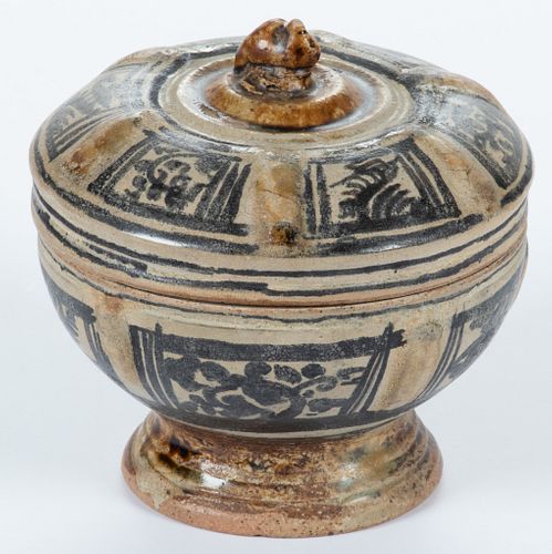 Asian Pottery Covered Jar, H 4'' Dia. 4''