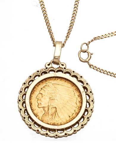 U.S. $2.50 Gold Indian Head Coin, 1911, Mounted As A Pendant, 23mm Diameter