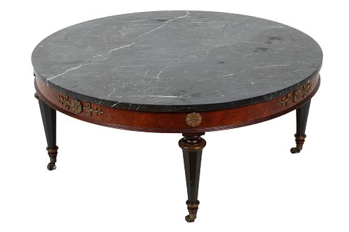 Weiman Furniture Co. French Empire Style Marble Top Cocktail Table, C. 1950, H 15'' Dia. 36''