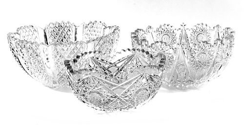 American Brilliant Period Cut Crystal Bowls, C. 1900, H 4.5'' Dia. 10'' 3 pcs