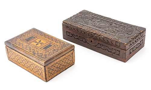 Hand Carved & Inlaid Wood Boxes, C. 1910, H 3'' W 6'' L 12'' 2 pcs