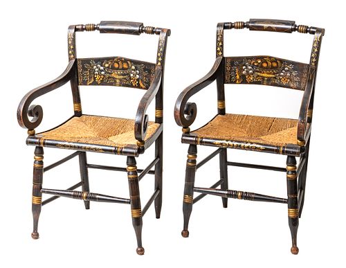 Sheraton Painted Hitchcock Arm Chairs, C. 1840, Pair, H 33", W 21", D 16"