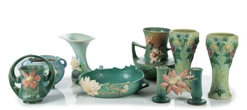 Roseville Pottery (Ohio) Vases & Open Bowls, H 10'' Dia. 5'' 8 pcs