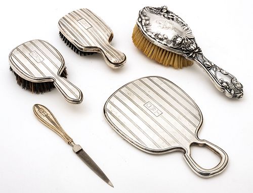 Sterling Silver Clad Brushes, Mirror & Nail File, C. 1920, W 3.25'' L 9'' 25.94t oz 5 pcs