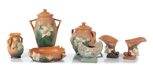 Roseville Pottery (Ohio) 'Magnolia' Covered Vessels & Vases, H 15'' W 6.5'' L 10'' 7 pcs