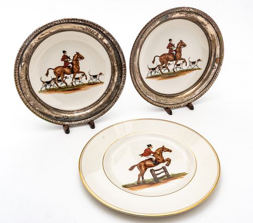 Abercrombie & Fitch Co., Revere Sterling Rim & Ceramic "Hunt" Plates, Two + One Dia 9