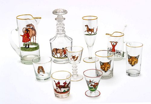 Dog, Fox & Hunting Theme Enamel Decorated Glassware, 76 Pcs