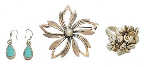 Sterling Silver Floral Ring, Earrings, Brooch 4 pcs
