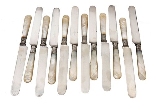 J. Russel & Co. (Massachusetts) Mother Of Pearl Handled Silver Plate Knives, 1834, L 8'' 12 pcs
