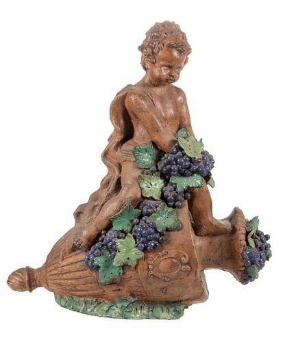 Glazed Terracotta Garden Sculpture, Cherub On Wine Vessel, H 28'' W 26'' Depth 14''