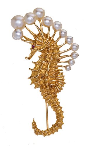 14K Gold Seahorse And Pearl Brooch W 2.7''