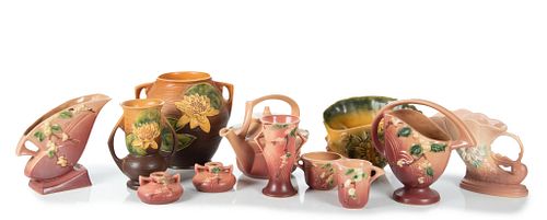 Roseville Pottery (Ohio) Vessels, Candlesticks, Teapot & Bowl, H 9'' W 8'' L 9'' 12 pcs