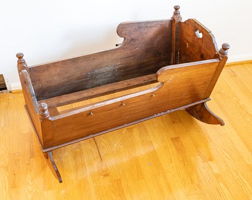 American Antique Pine Baby Cradle On Rockers, 19Th C., H 24", W 28", L 39"