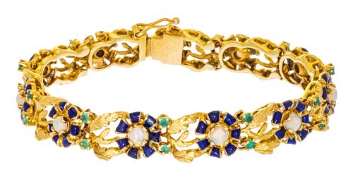 14K Gold Link Bracelet, Opals, Emeralds L 7''