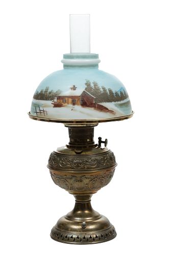 Brass Oil Lamp Converted To Electric With Painted Glass Shade, H 12'' W 10.25''