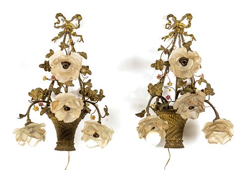 Louis XVI Style Brass Sconces, Porcelain Flowers, H 19'' W 13'' Depth 8'' 1 Pair