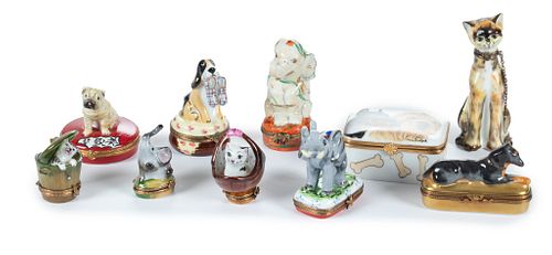 Limoges Porcelain Hand Painted Boxes, Dogs, Cats, Elephants C. 1960, H 4'' 10 pcs