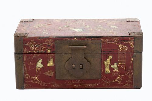Chinese Red Lacquered Wood & Gilt Box, H 4'' L 9.5''