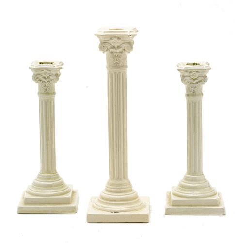 Creamware Corinthian Column Candlesticks, H 12'' W 4'' Depth 4'' 3 pcs